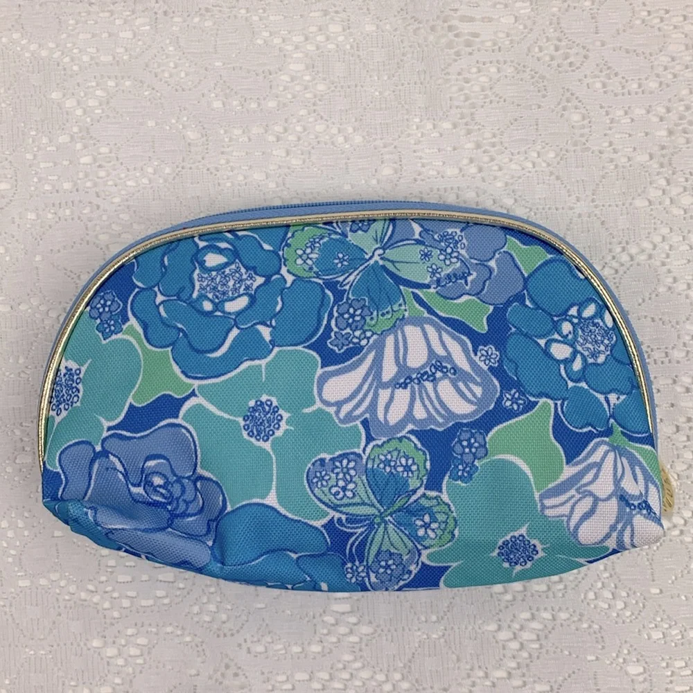 Lilly Pulitzer for Estée Lauder Cosmetic bag pouch gold Zip Close Pink lined